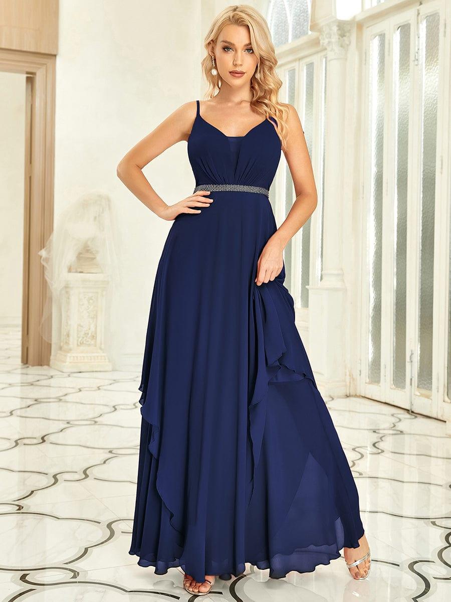 Pearl-Embellished Waist Ruffled V-Neck Sleeveless Chiffon Bridesmaid Dress #color_Navy Blue
