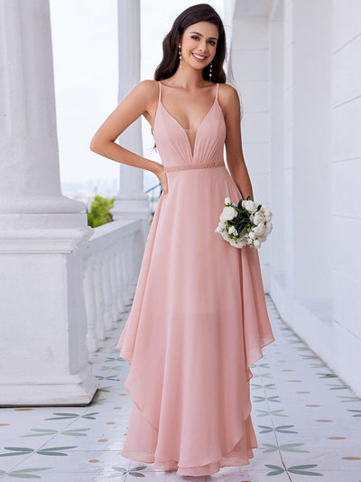 Pearl-Embellished Waist Ruffled V-Neck Sleeveless Chiffon Bridesmaid Dress #color_Pink