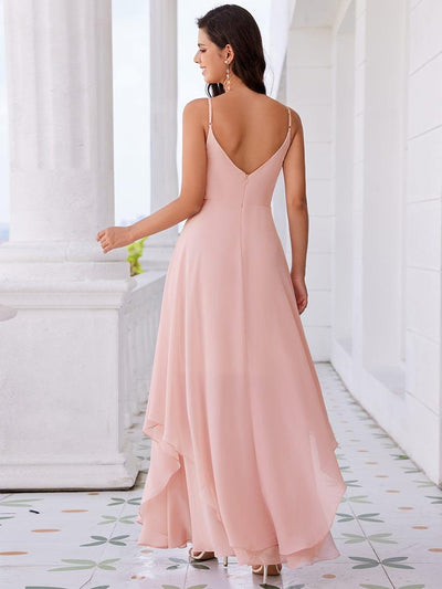 Pearl-Embellished Waist Ruffled V-Neck Sleeveless Chiffon Bridesmaid Dress #color_Pink