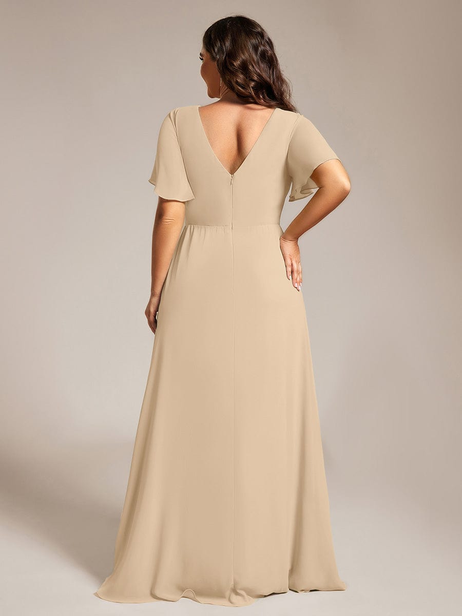 A-Line Ruffle Sleeves and High Slit Chiffon Bridesmaid Dress with V-Neck #Color_Champagne