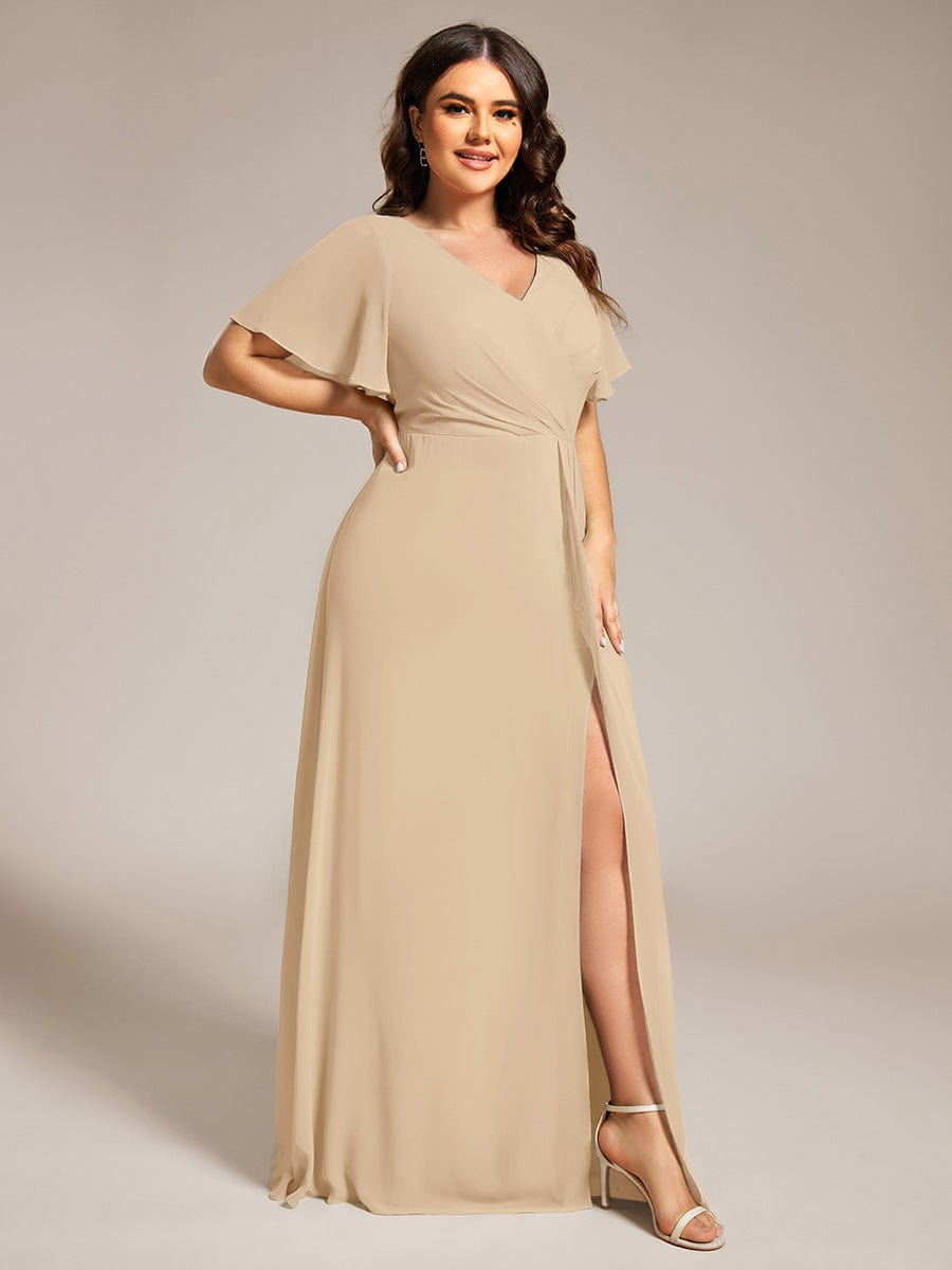 A-Line Ruffle Sleeves and High Slit Chiffon Bridesmaid Dress with V-Neck #Color_Champagne