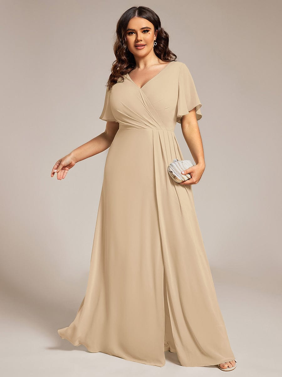 A-Line Ruffle Sleeves and High Slit Chiffon Bridesmaid Dress with V-Neck #Color_Champagne