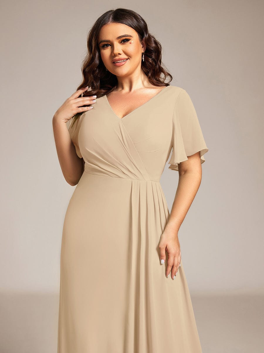A-Line Ruffle Sleeves and High Slit Chiffon Bridesmaid Dress with V-Neck #Color_Champagne
