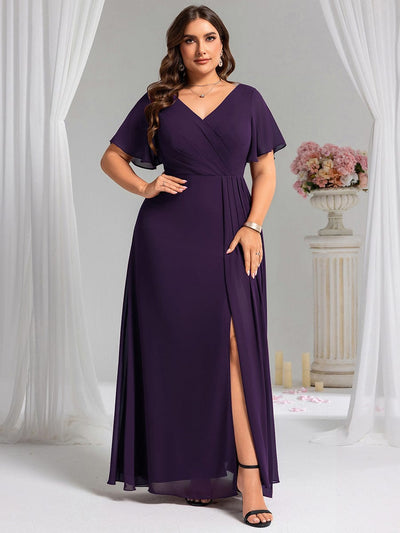 A-Line Ruffle Sleeves and High Slit Chiffon Bridesmaid Dress with V-Neck #color_Dark Purple