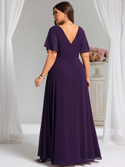 A-Line Ruffle Sleeves and High Slit Chiffon Bridesmaid Dress with V-Neck #color_Dark Purple