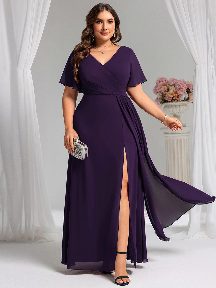 A-Line Ruffle Sleeves and High Slit Chiffon Bridesmaid Dress with V-Neck #color_Dark Purple