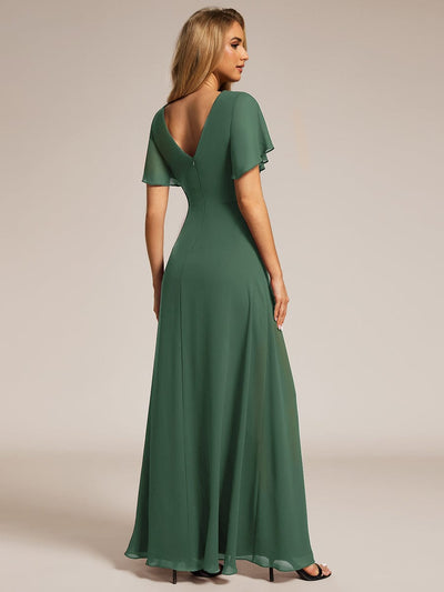 A-Line Ruffle Sleeves and High Slit Chiffon Bridesmaid Dress with V-Neck #Color_Eucalyptus Green