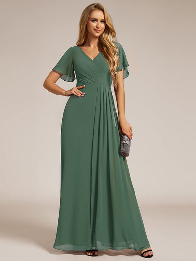 A-Line Ruffle Sleeves and High Slit Chiffon Bridesmaid Dress with V-Neck #Color_Eucalyptus Green