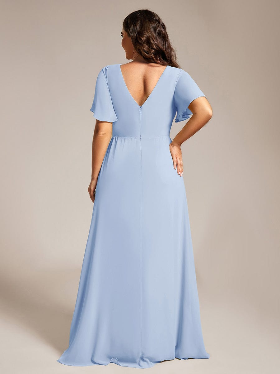 A-Line Ruffle Sleeves and High Slit Chiffon Bridesmaid Dress with V-Neck #Color_Ice blue