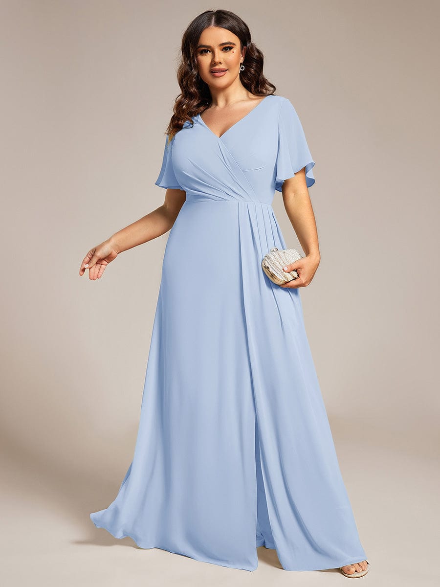 A-Line Ruffle Sleeves and High Slit Chiffon Bridesmaid Dress with V-Neck #Color_Ice blue