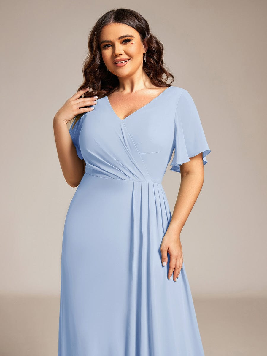 A-Line Ruffle Sleeves and High Slit Chiffon Bridesmaid Dress with V-Neck #Color_Ice blue