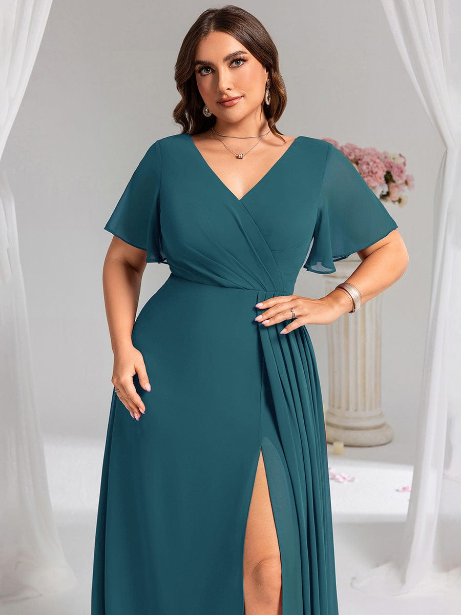 A-Line Ruffle Sleeves and High Slit Chiffon Bridesmaid Dress with V-Neck #color_Teal