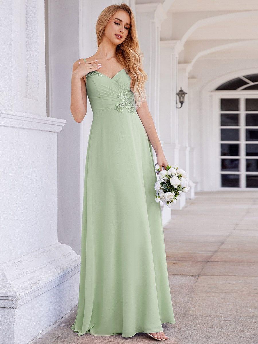 Chic V-Neck Pleated Sleeveless Applique Waist Dress In Sage Green #color_Mint Green