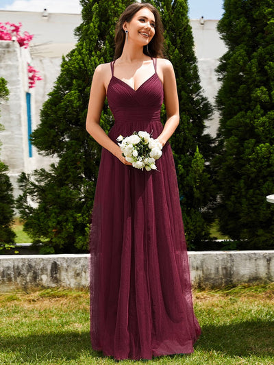 Lace Back Cross-Strap V-Neck Pleated Sleeveless Tulle Bridesmaid Dress #color_Burgundy