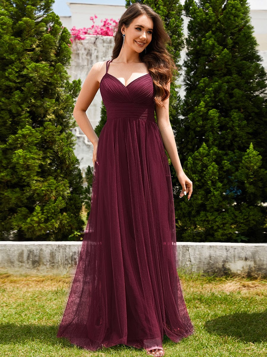 Lace Back Cross-Strap V-Neck Pleated Sleeveless Tulle Bridesmaid Dress #color_Burgundy