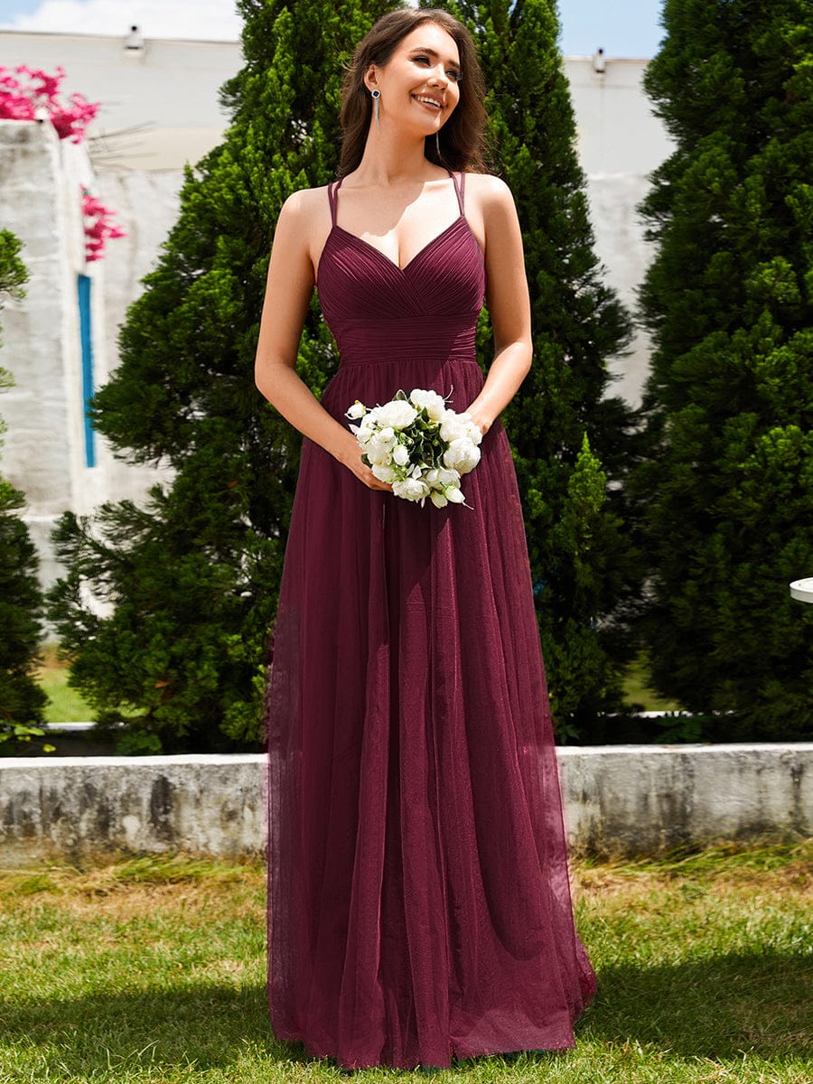 Lace Back Cross-Strap V-Neck Pleated Sleeveless Tulle Dress In Pink #color_Burgundy