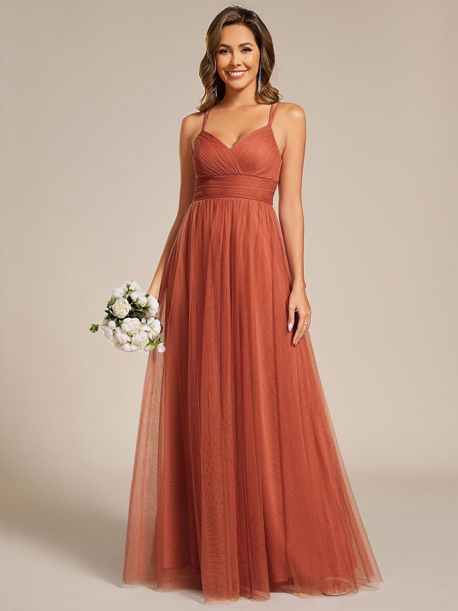 Lace Back Cross-Strap V-Neck Pleated Sleeveless Tulle Bridesmaid Dress #color_Burnt Orange