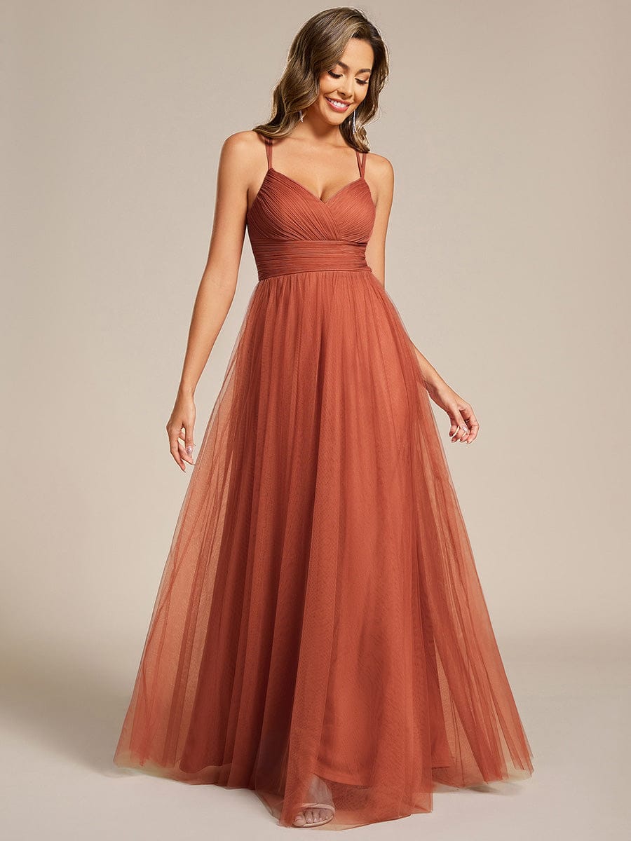 Lace Back Cross-Strap V-Neck Pleated Sleeveless Tulle Dress in Dark Green #color_Burnt Orange