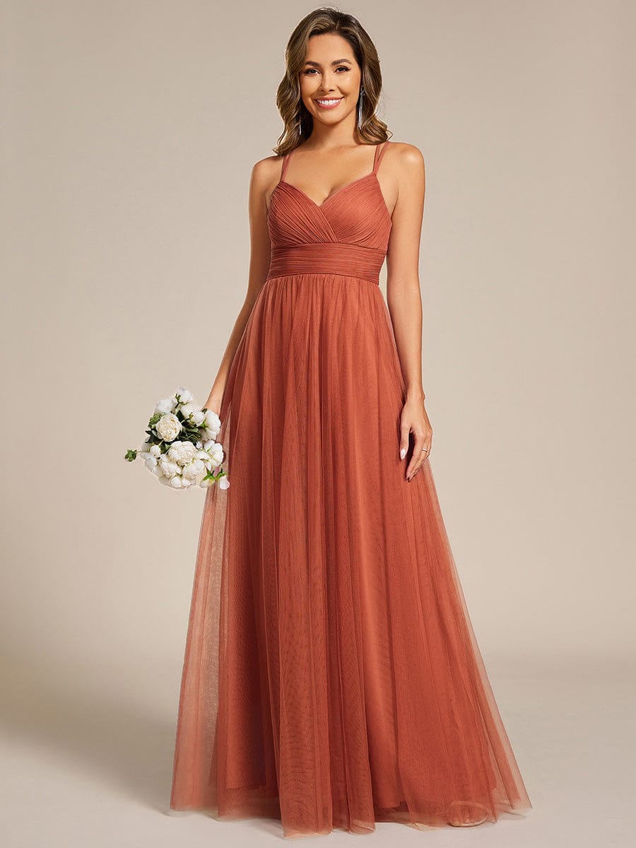 Lace Back Cross-Strap V-Neck Pleated Sleeveless Tulle Dress In Pink #color_Burnt Orange