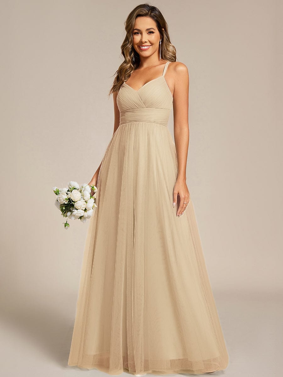 Lace Back Cross-Strap V-Neck Pleated Sleeveless Tulle Bridesmaid Dress #color_Champagne