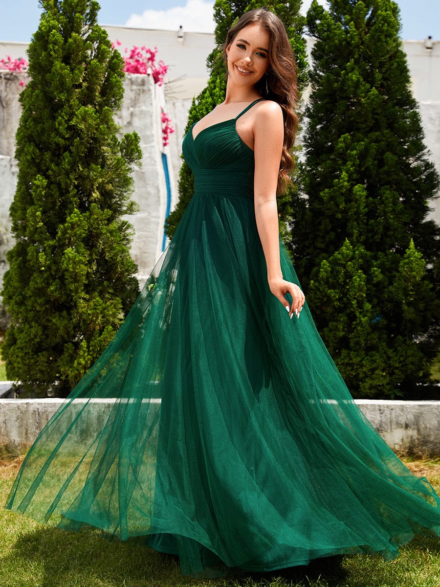 Lace Back Cross-Strap V-Neck Pleated Sleeveless Tulle Dress In Pink #color_Dark Green