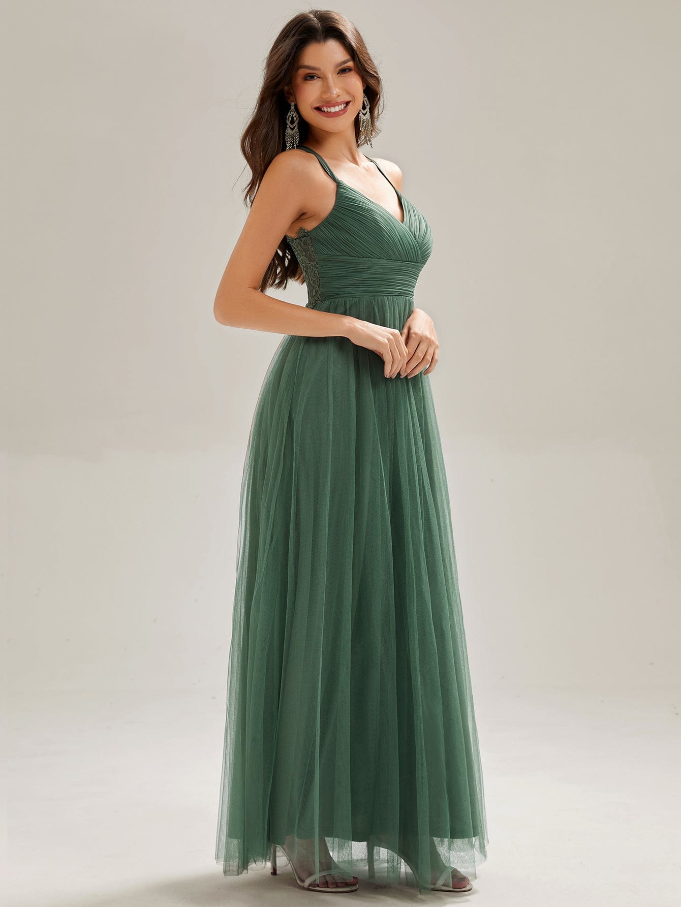 Lace Back Cross-Strap V-Neck Pleated Sleeveless Tulle Bridesmaid Dress #color_Eucalyptus Green