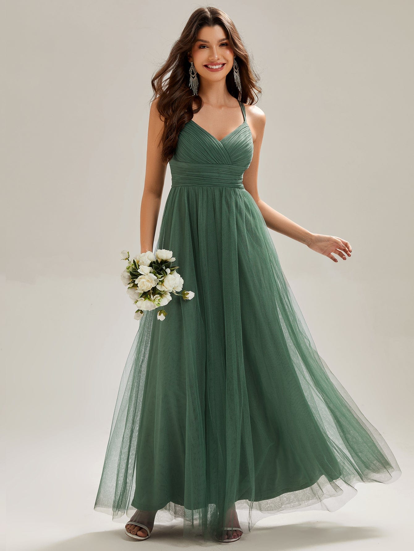 Lace Back Cross-Strap V-Neck Pleated Sleeveless Tulle Bridesmaid Dress #color_Eucalyptus Green