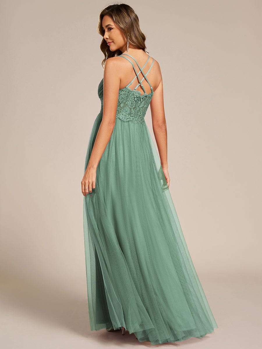 Lace Back Cross-Strap V-Neck Pleated Sleeveless Tulle Bridesmaid Dress #color_Green Bean