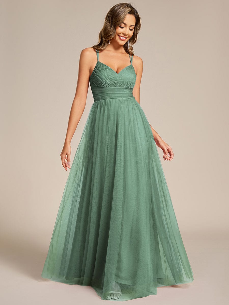 Lace Back Cross-Strap V-Neck Pleated Sleeveless Tulle Bridesmaid Dress #color_Green Bean