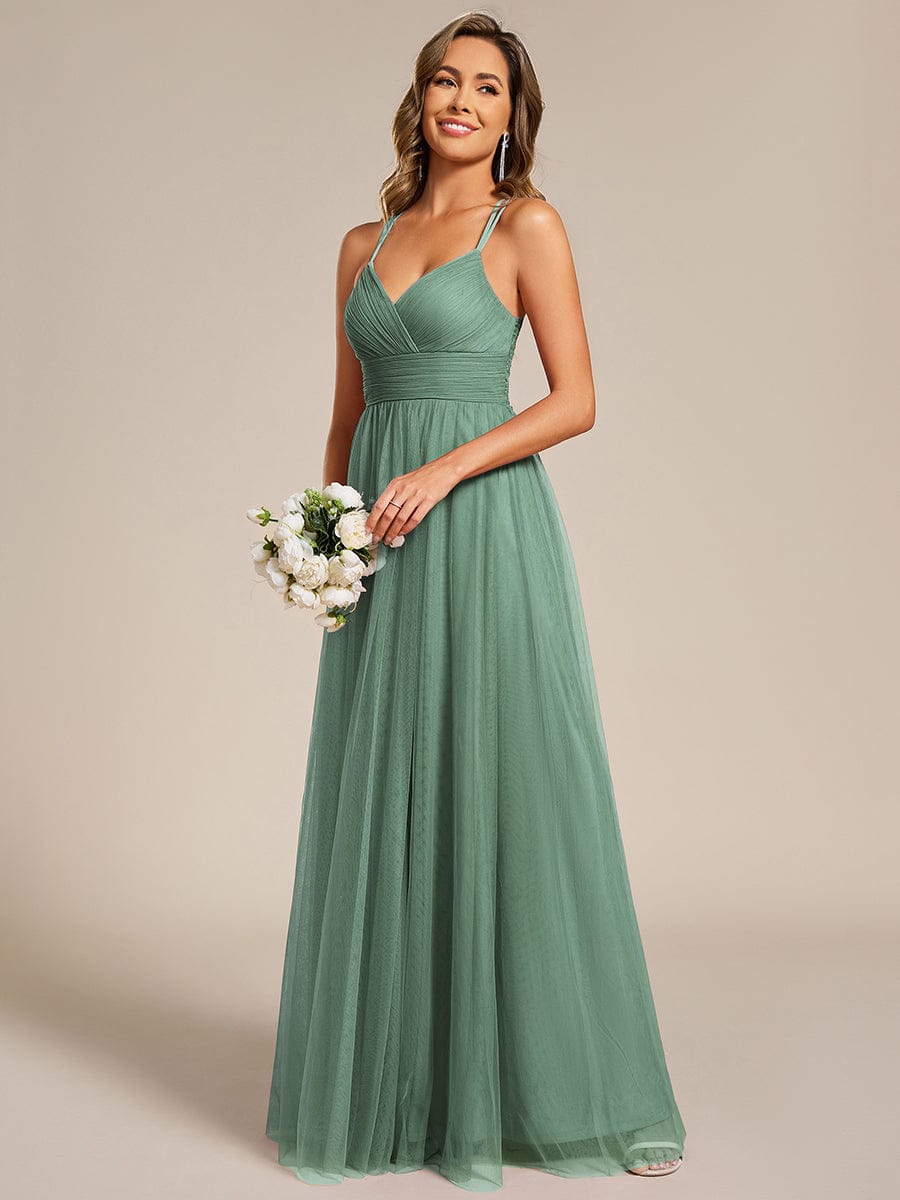 Lace Back Cross-Strap V-Neck Pleated Sleeveless Tulle Bridesmaid Dress #color_Green Bean