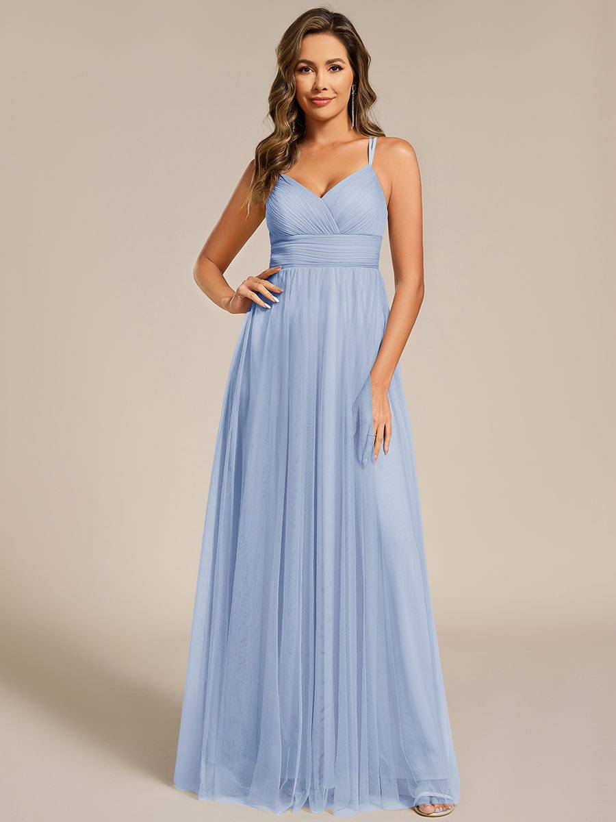 Lace Back Cross-Strap V-Neck Pleated Sleeveless Tulle Bridesmaid Dress #color_Ice Blue