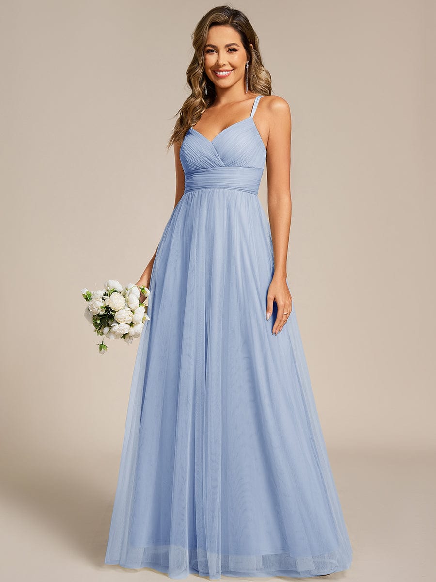 Lace Back Cross-Strap V-Neck Pleated Sleeveless Tulle Bridesmaid Dress #color_Ice Blue