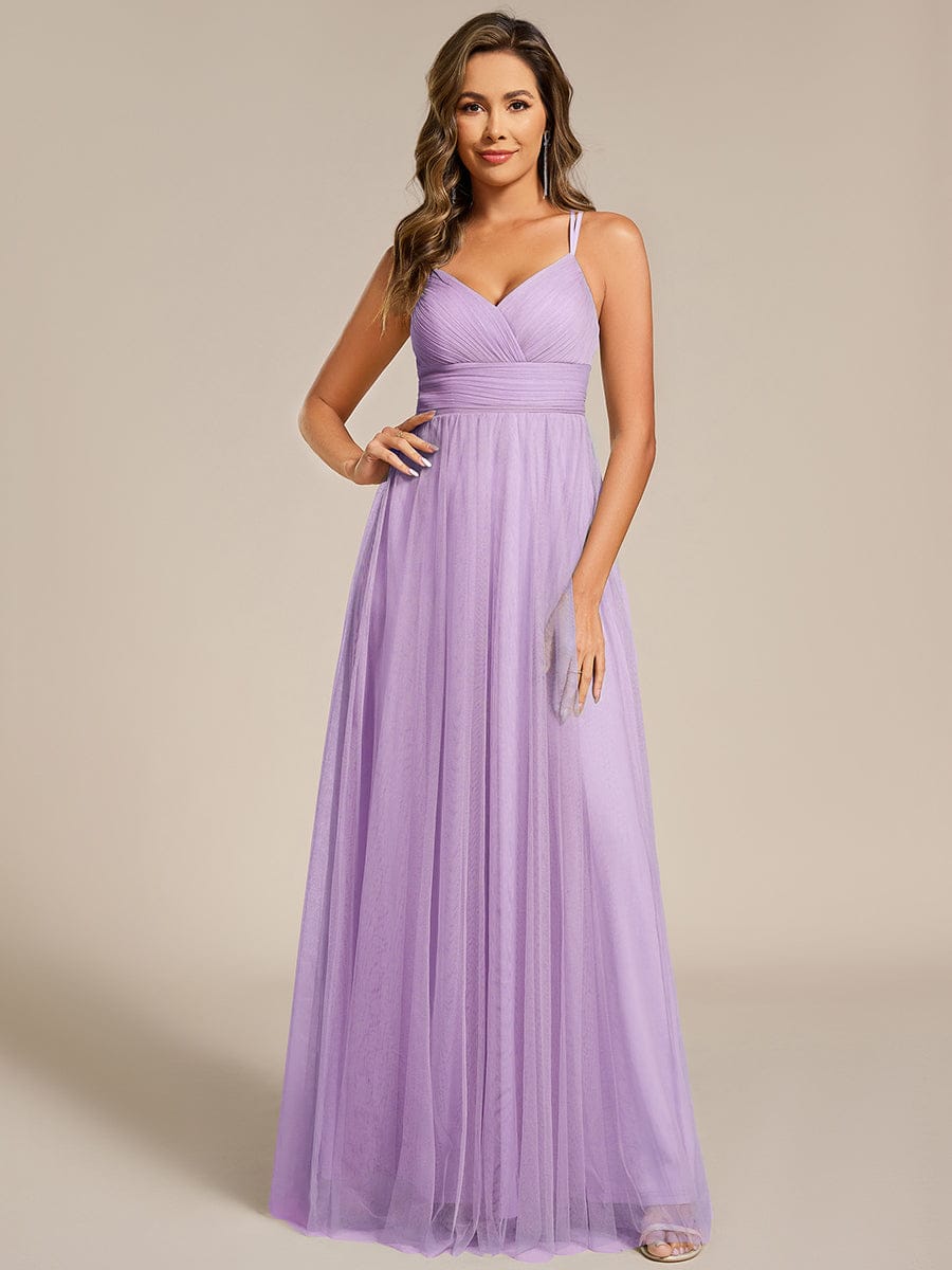 Lace Back Cross-Strap V-Neck Pleated Sleeveless Tulle Bridesmaid Dress #color_Lavender