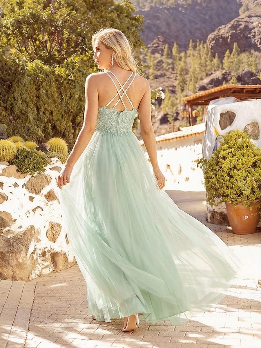 Lace Back Cross-Strap V-Neck Pleated Sleeveless Tulle Bridesmaid Dress #color_Mint Green