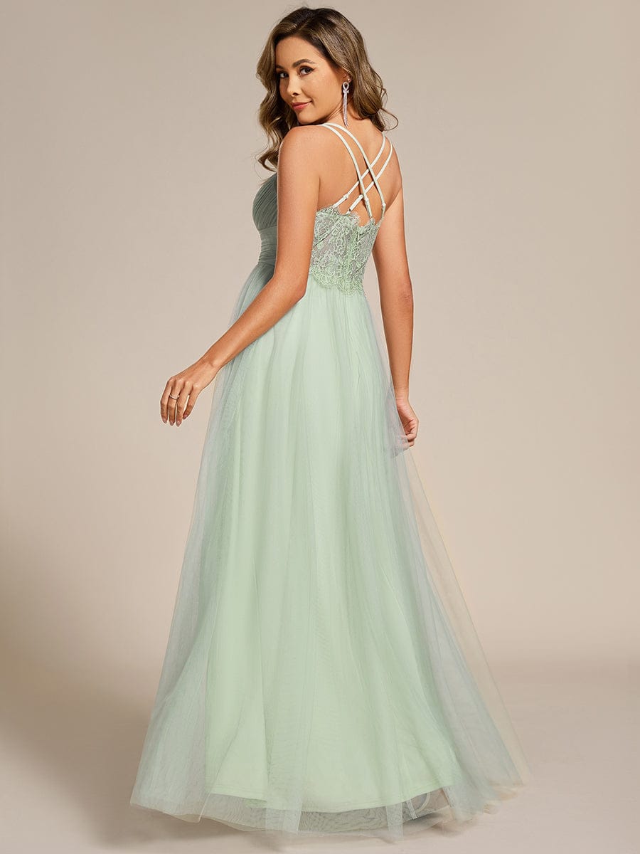 Lace Back Cross-Strap V-Neck Pleated Sleeveless Tulle Dress in Dark Green #color_Mint Green