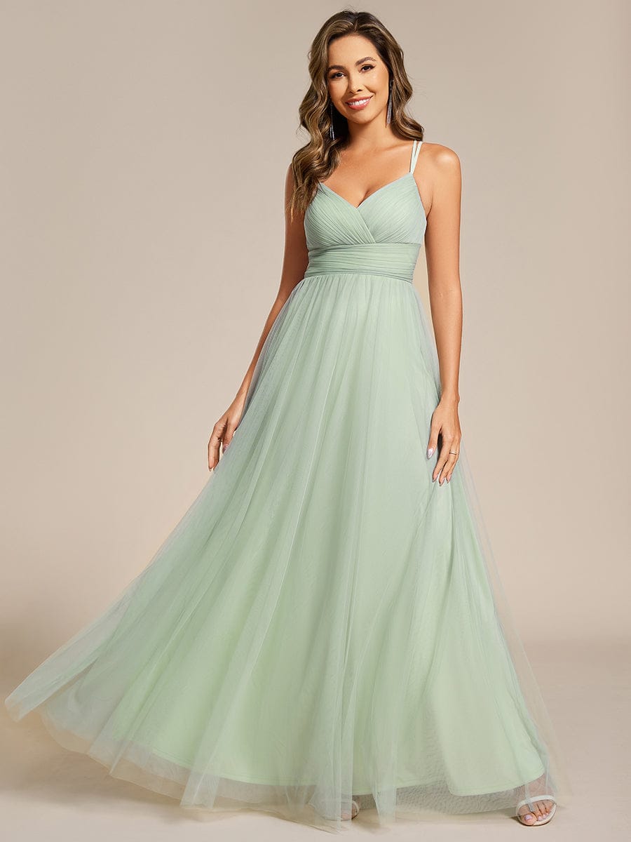 Lace Back Cross-Strap V-Neck Pleated Sleeveless Tulle Dress in Dark Green #color_Mint Green