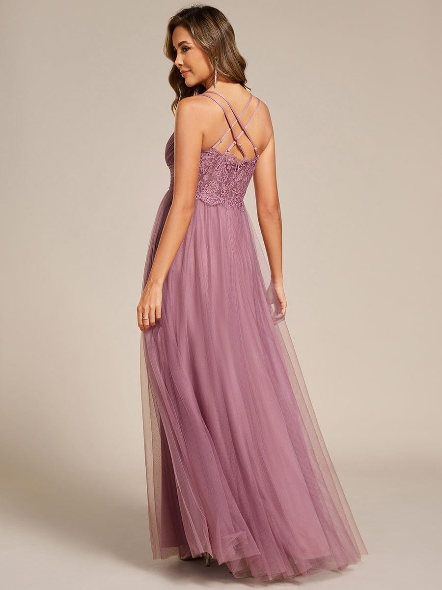 Lace Back Cross-Strap V-Neck Pleated Sleeveless Tulle Dress in Dark Green #color_Purple Orchid