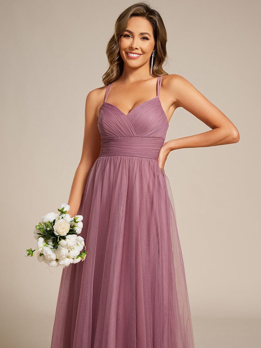 Lace Back Cross-Strap V-Neck Pleated Sleeveless Tulle Dress in Dark Green #color_Purple Orchid