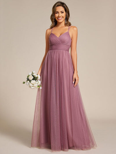 Lace Back Cross-Strap V-Neck Pleated Sleeveless Tulle Dress In Pink #color_Purple Orchid
