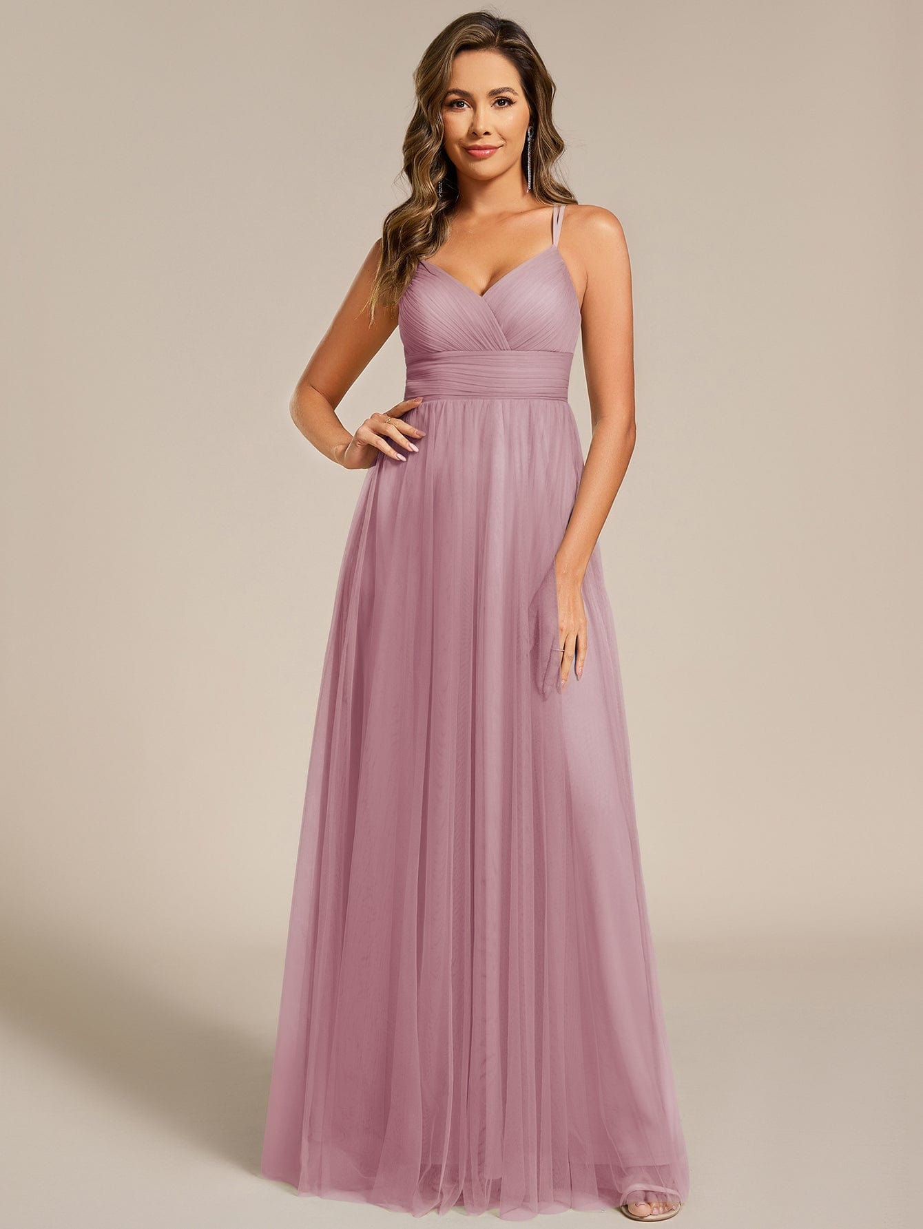 Lace Back Cross-Strap V-Neck Pleated Sleeveless Tulle Bridesmaid Dress #color_Vintage Mauve