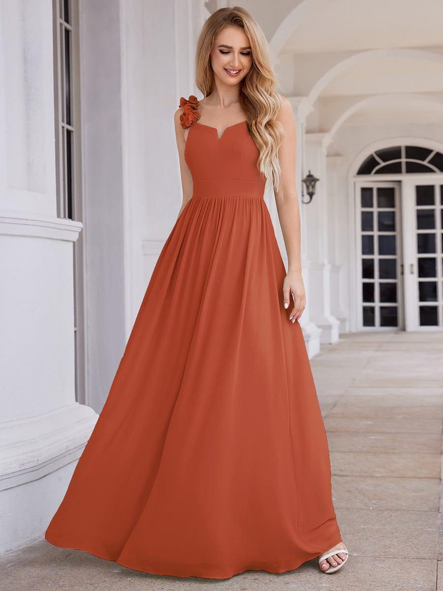 Elegant V-Neck Floral Strap Empire Waist Chiffon Bridesmaid Dress #color_Burnt Orange