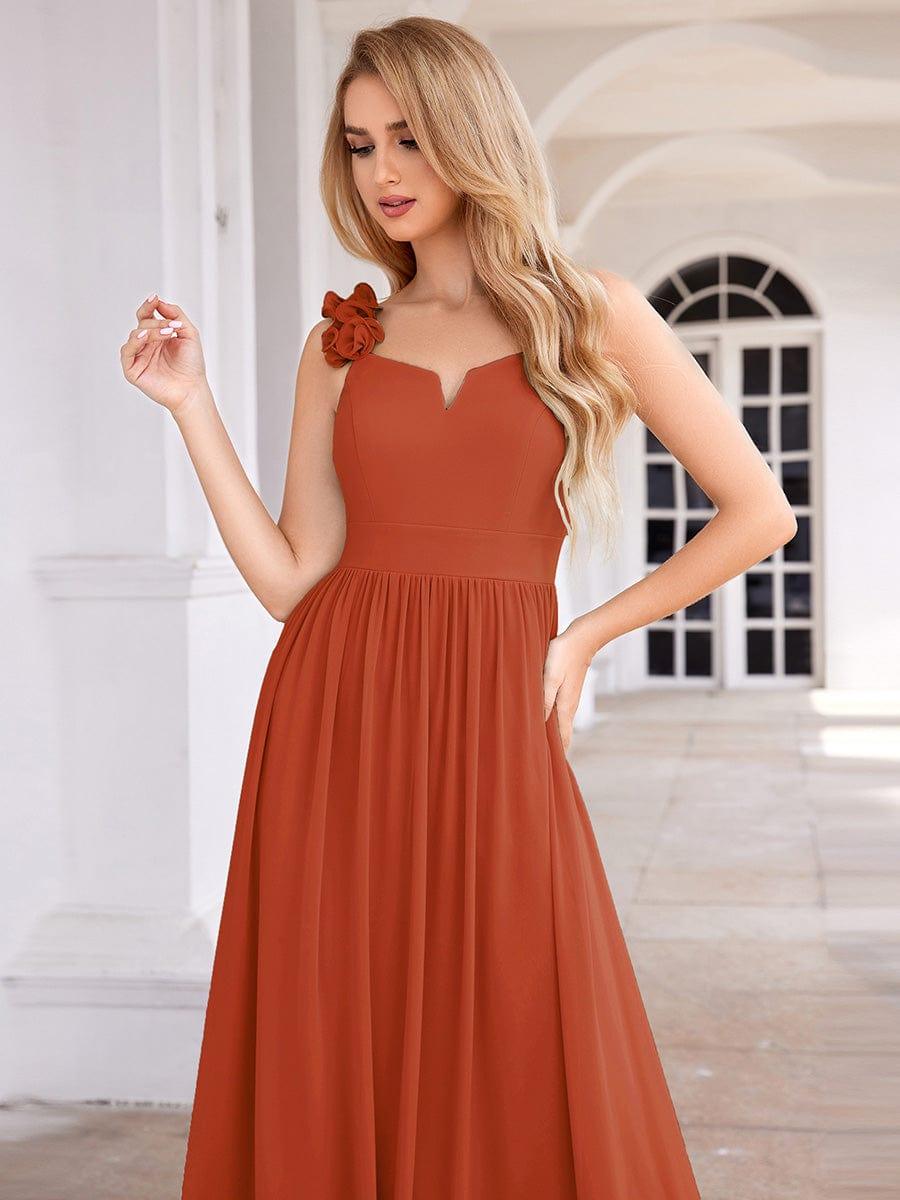 Elegant V-Neck Floral Strap Empire Waist Chiffon Bridesmaid Dress #color_Burnt Orange