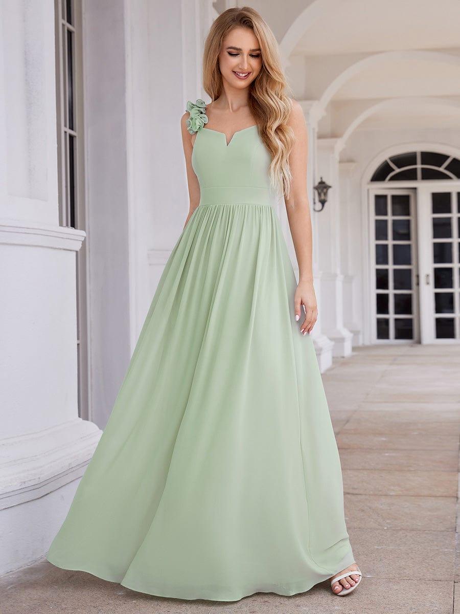 Elegant V-Neck Floral Strap Empire Waist Chiffon Bridesmaid Dress #color_Mint Green
