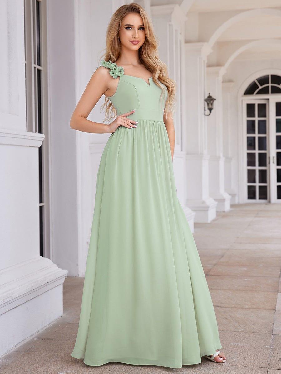 Elegant V-Neck Floral Strap Empire Waist Chiffon Bridesmaid Dress #color_Mint Green