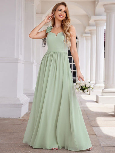 Elegant V-Neck Floral Strap Empire Waist Chiffon Bridesmaid Dress #color_Mint Green