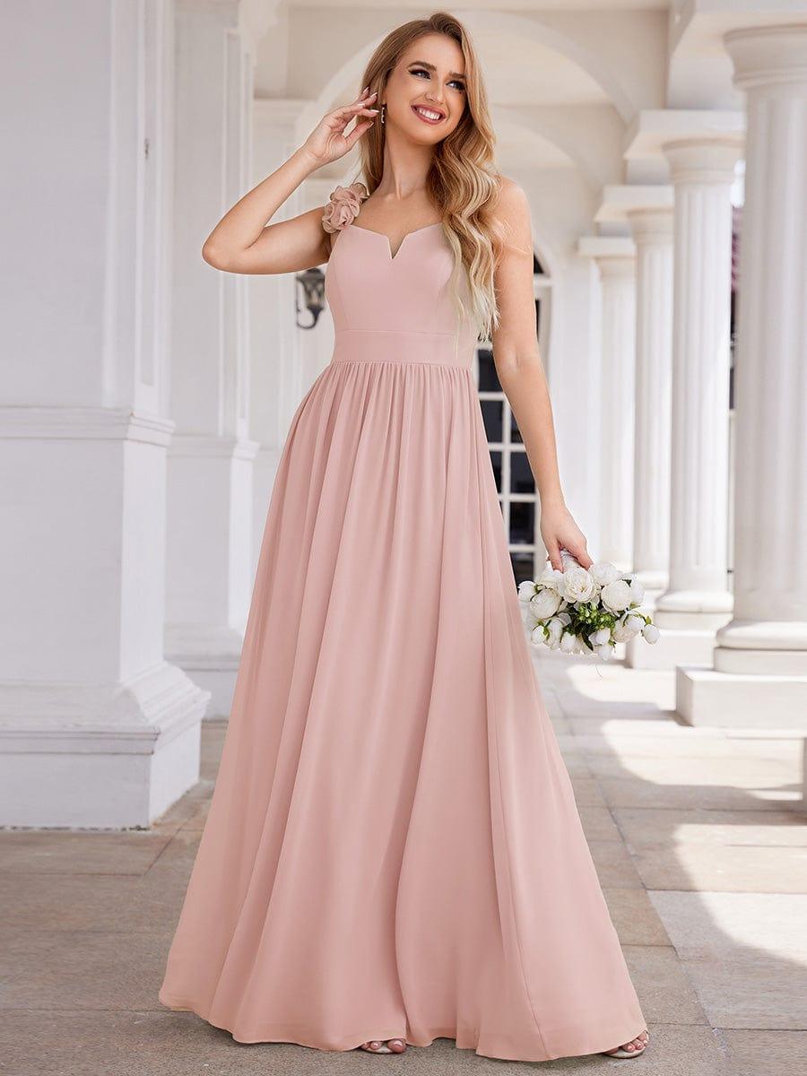 Elegant V-Neck Floral Strap Empire Waist Chiffon Bridesmaid Dress #color_Pink