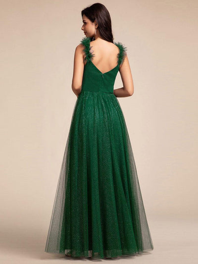 Sleeveless Pleated Glitter Maxi Bridesmaid Dress With Embellished Straps #color_Dark Green