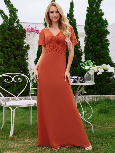 A-Line Ruffle Sleeves Chiffon Bridesmaid Dress with V-Neck Pleats #color_Burnt Orange