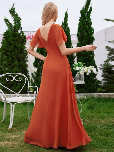 A-Line Ruffle Sleeves Chiffon Bridesmaid Dress with V-Neck Pleats #color_Burnt Orange