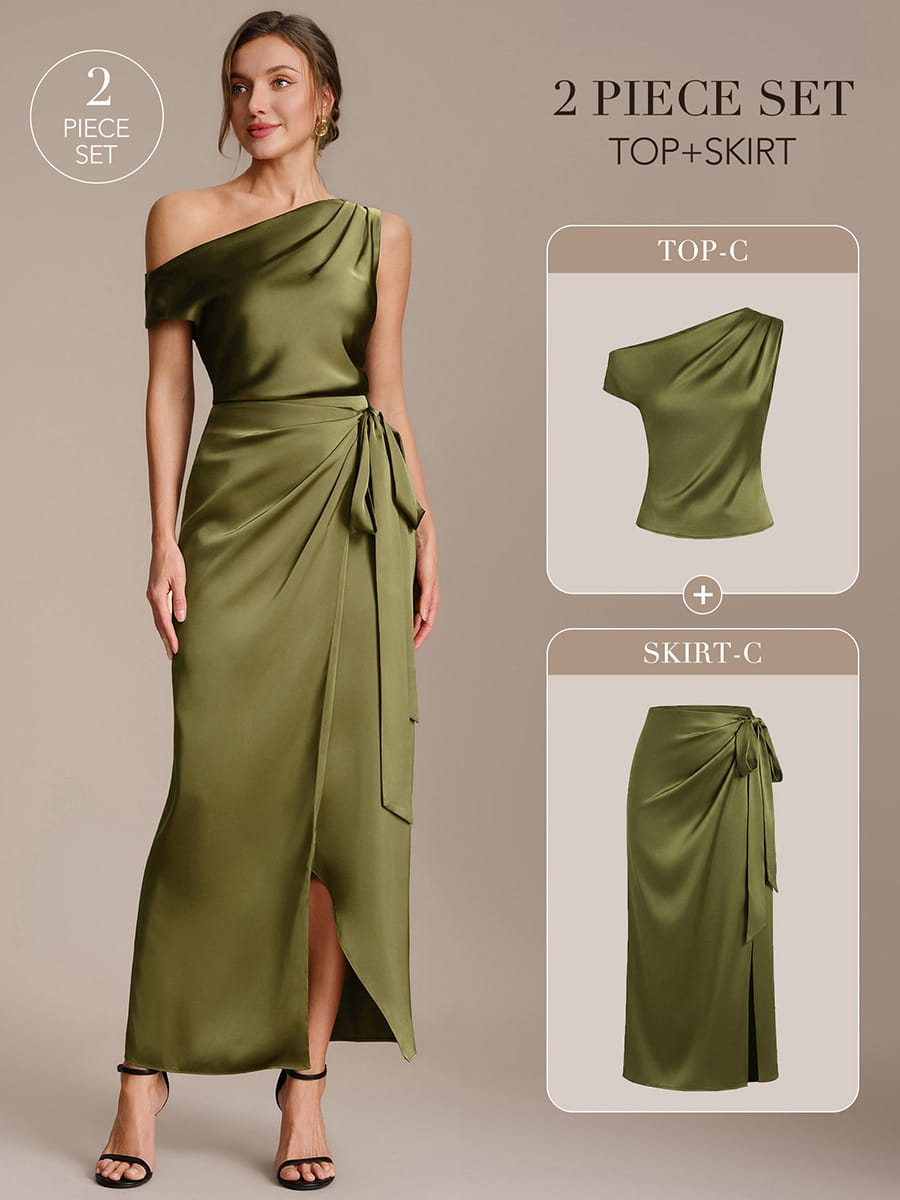 Satin Off-the-shoulder Sleeve Off The Shoulder Tops #color_Olive Green